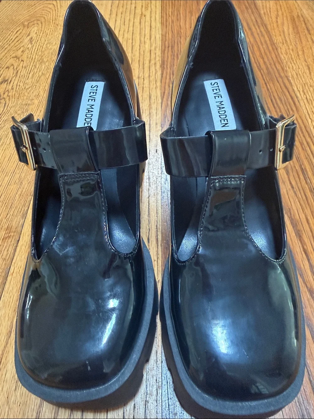 Steve Madden Black Patent Platform Mary Jane with Gold Buckle